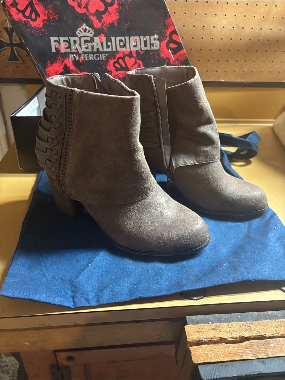 Fergalicious Taupe Suede-Look Braided Heel Ankle Booties